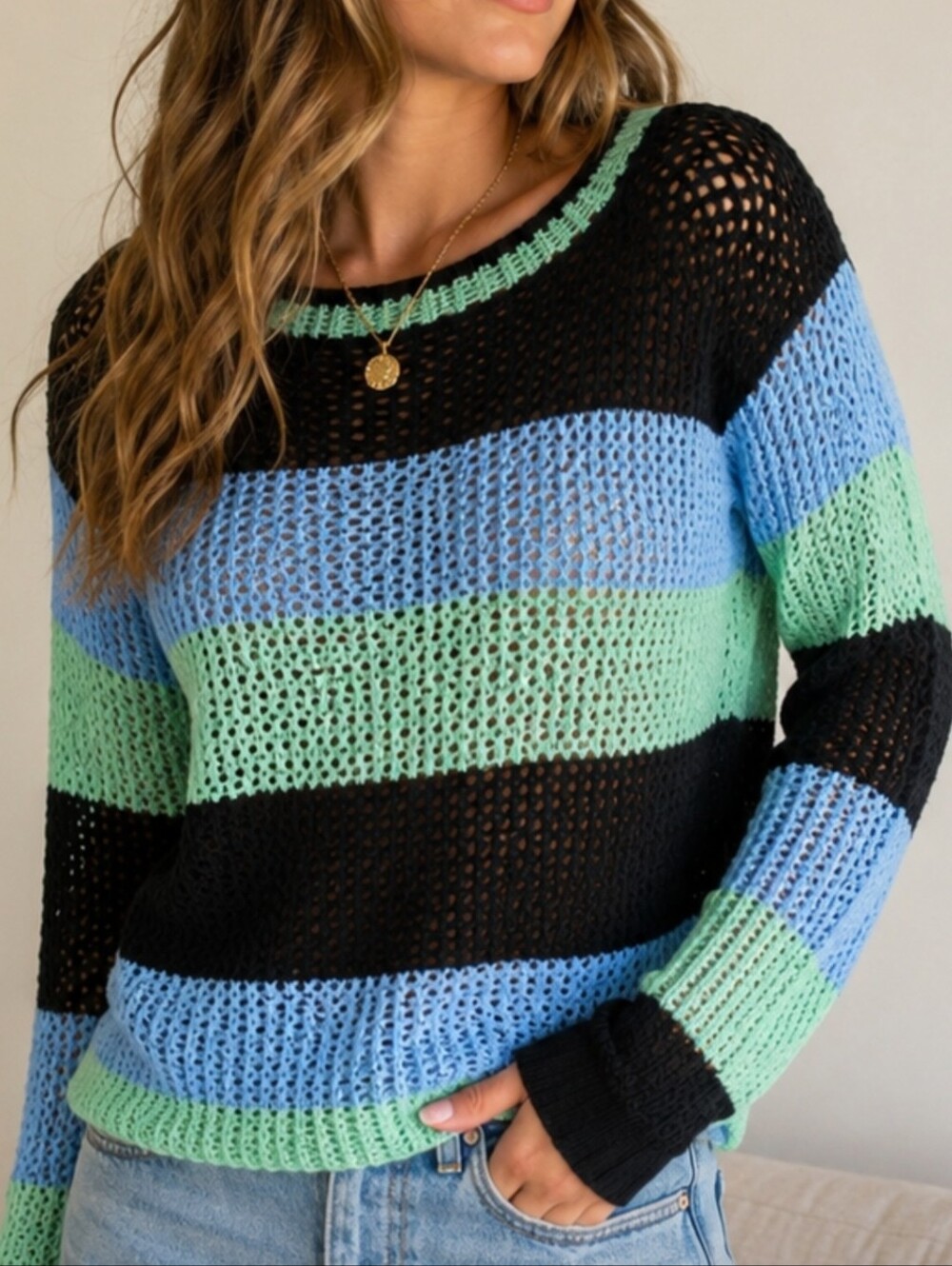 525 America Open Knit Striped Sweater Mint Blue Black Size S